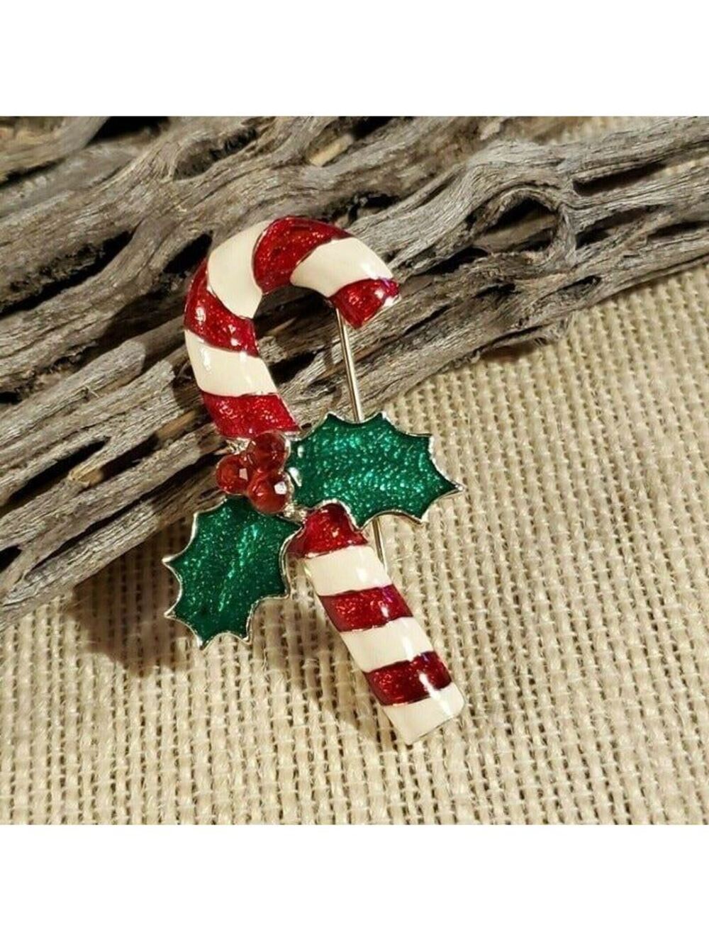 Red White Candy Cane Holly Y2K Vintage Silver Enamel Christmas Sweater Pin Brooc